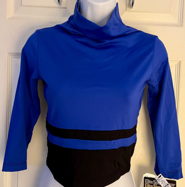 GK ICE SKATE LADIES LARGE 3/4 SLV NYLON/SPANDEX BLUE/BLACK CROP DANCE TOP  SZ L