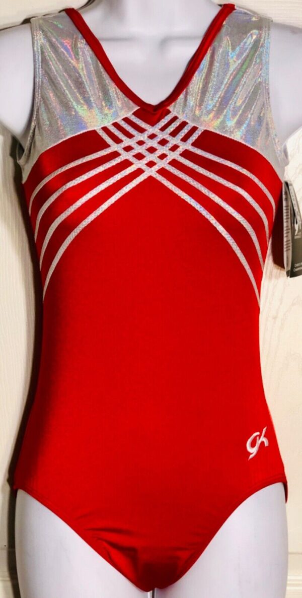 GK TANK ADULT MEDIUM RED SUPERSTAR N/S WHITE FOIL GYMNASTIC DANCE LEOTARD Sz AM