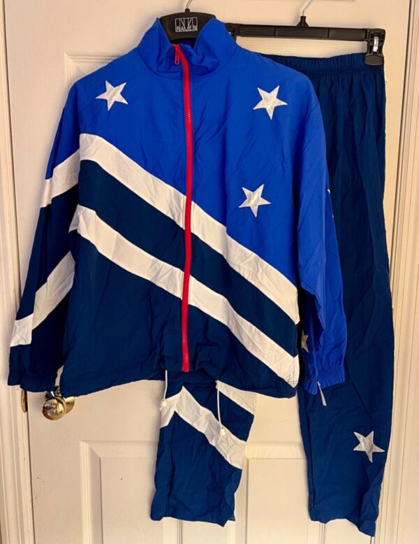 GK WARM UP ADULT SMALL SUPPLEX FOIL BLUE WHITE STARS STRIPES 2PC JACKET PANTS S - Image 2