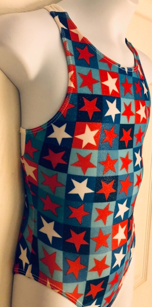 GK GIRLS MEDIUM PATRIOTIC STAR PRINT FOIL RACERBACK GYMNASTICS TANK LEOTARD CM - Image 3