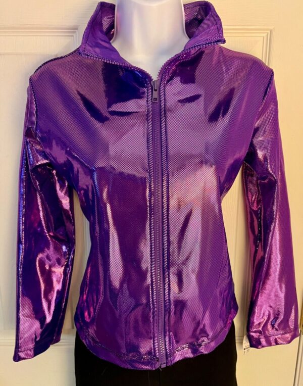 GK WARM UP JACKET ADULT SMALL PURPLE SHIMMER FOIL ZIP FRONT GYMNAS DANCE CHEER S