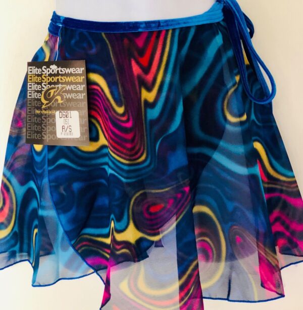 GK DANCE WRAP SKIRT ADULT SMALL ABSTRACT WAVE PATTERN BLUE VELVET TIE AS NWT!