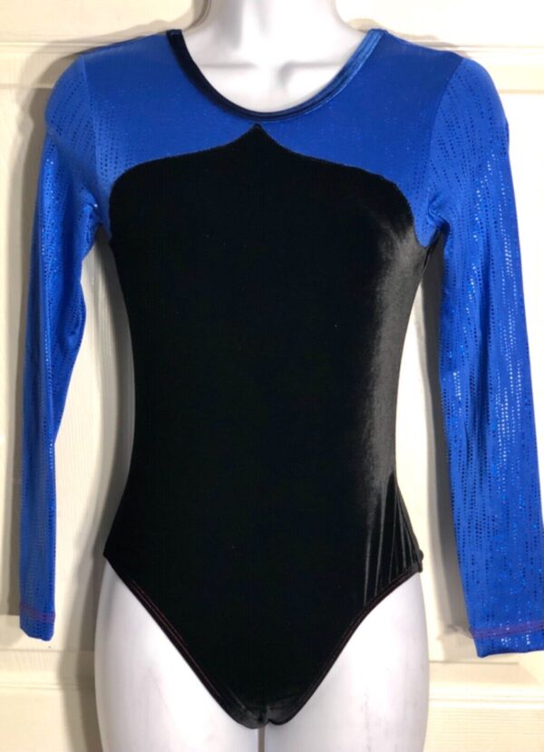 GK LgSLV ADULT SMALL BLACK VELVET BLUE RAINDROPS GYMNASTIC DANCE LEOTARD AS NWT!