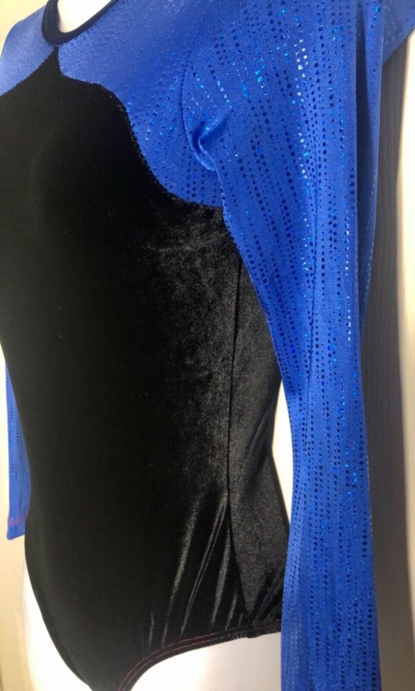 GK LgSLV ADULT SMALL BLACK VELVET BLUE RAINDROPS GYMNASTIC DANCE LEOTARD AS NWT! - Image 4