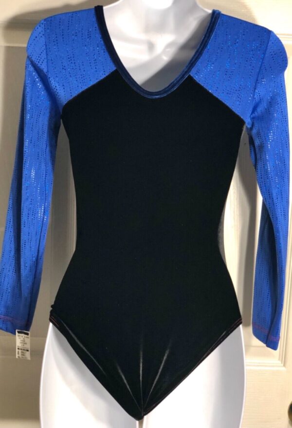 GK LgSLV ADULT SMALL BLACK VELVET BLUE RAINDROPS GYMNASTIC DANCE LEOTARD AS NWT! - Image 5