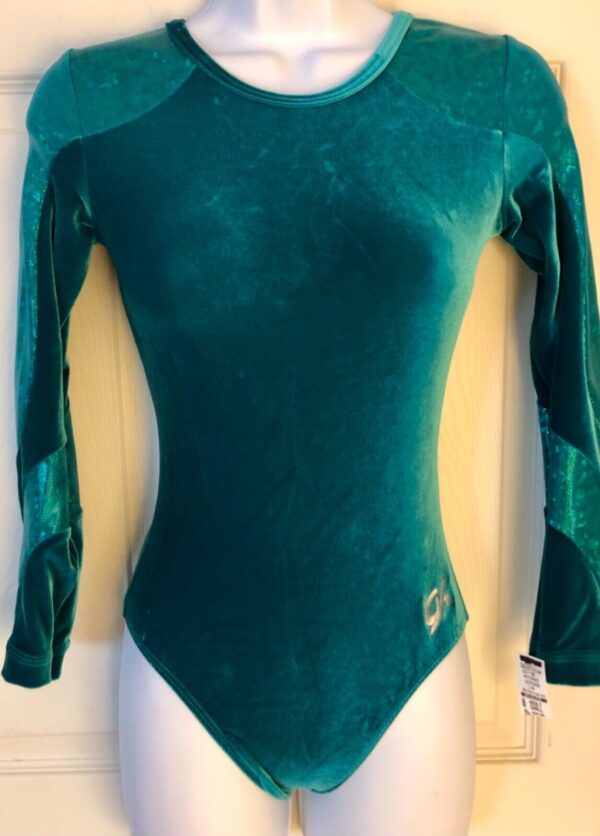 GK LONG SLEEVE LADIES SMALL EMERALD FOIL CYPRESS VELVET DANCE LEOTARD AS