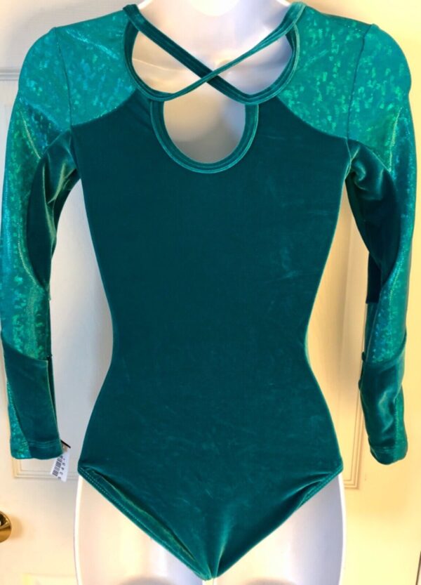 GK LONG SLEEVE LADIES SMALL EMERALD FOIL CYPRESS VELVET DANCE LEOTARD AS - Image 5