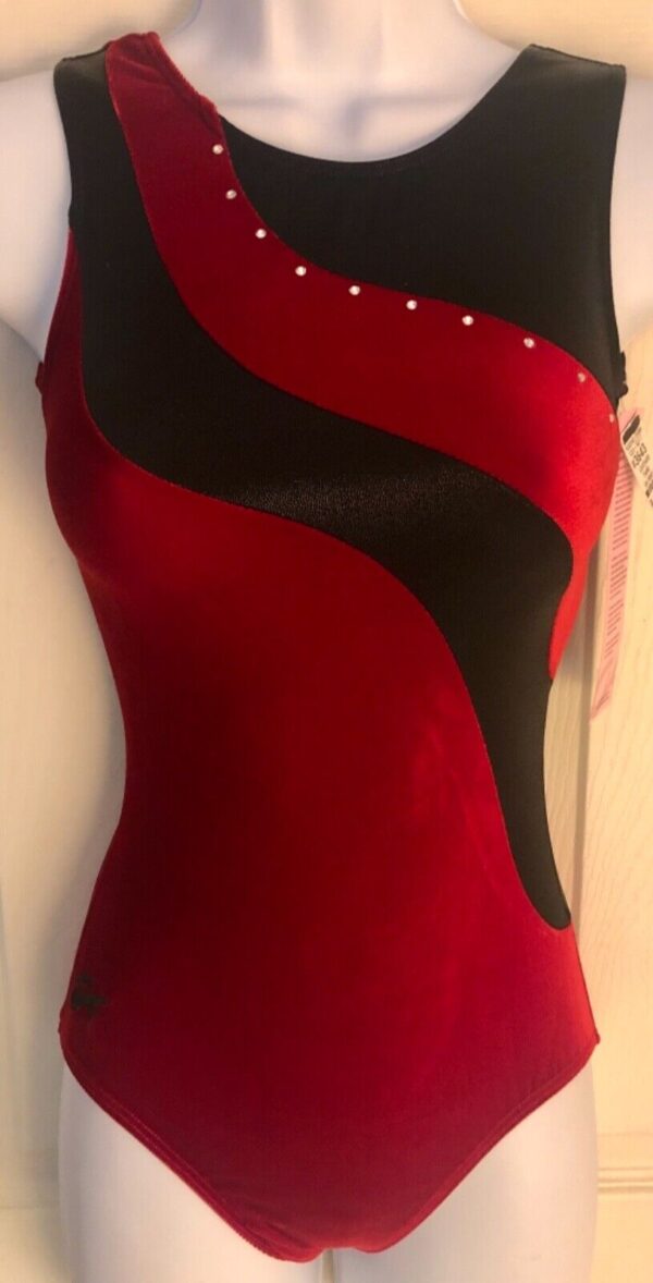 GK RED VELVET ADULT X-SMALL ASYM BLACK MYSTIQUE JA GYMNAST TANK LEOTARD Sz AXS