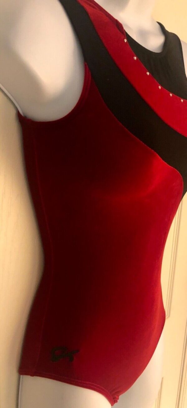 GK RED VELVET ADULT X-SMALL ASYM BLACK MYSTIQUE JA GYMNAST TANK LEOTARD Sz AXS - Image 3