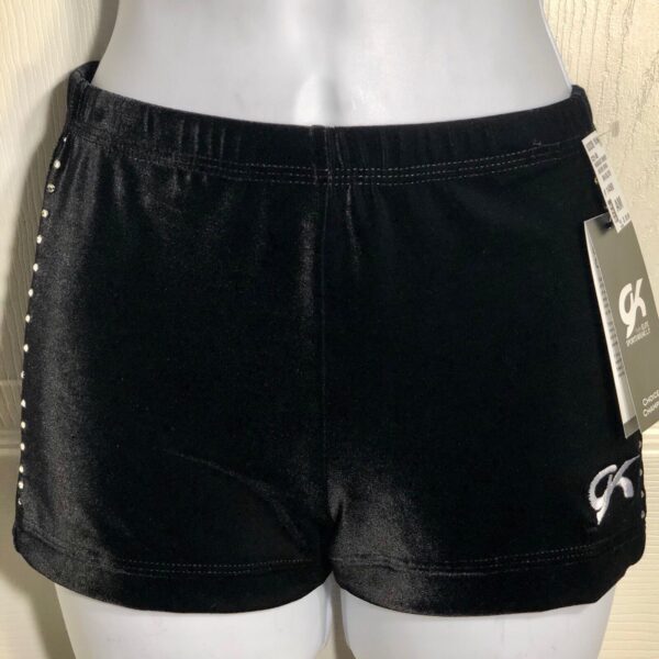 GK CHEER MICRO MINI WORKOUT SHORTS ADULT MEDIUM BLACK VELVET SWAR CRYSTALS AM