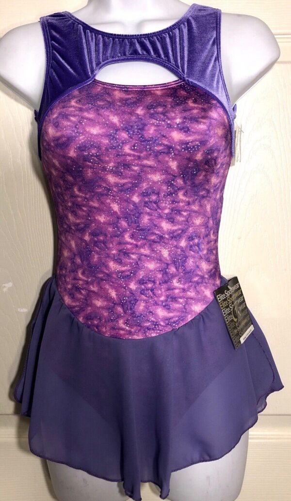 GK ICE FIGURE SKATE LADIES SMALL PURPLE VELVET KEYHOLE FOIL PRINT TANK DRESS AS