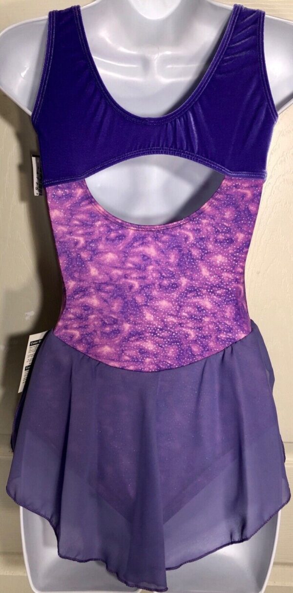 GK ICE FIGURE SKATE LADIES SMALL PURPLE VELVET KEYHOLE FOIL PRINT TANK DRESS AS - Image 3