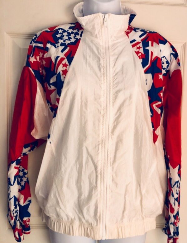 GK ADULT SMALL WARM UP JACKET PATRIOTIC STARS GYMNASTICS CRINKLE NYLON AS NWT!s