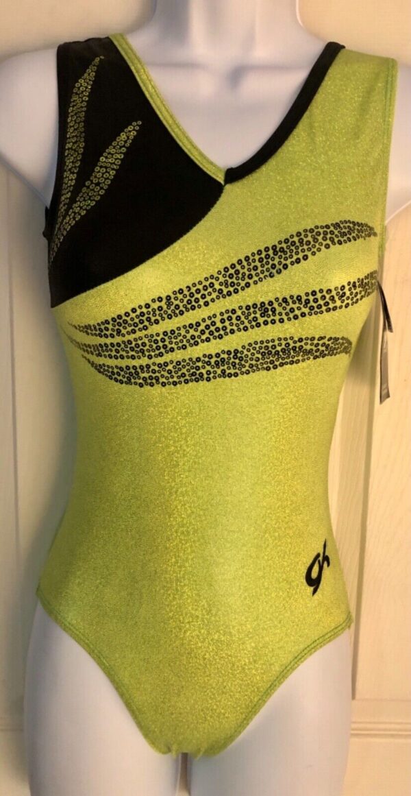 GK LEMON LIME SKY LADIES X-SMALL BLACK FOIL SEQUINS GYMNASTIC TANK LEOTARD AXS