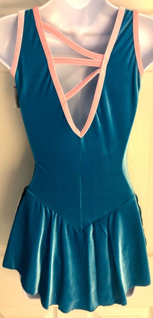 GK ICE FIGURE SKATE TURQUOISE VELVET ADULT SMALL SLVLS PINK TRIM DRESS Sz AS - Image 7