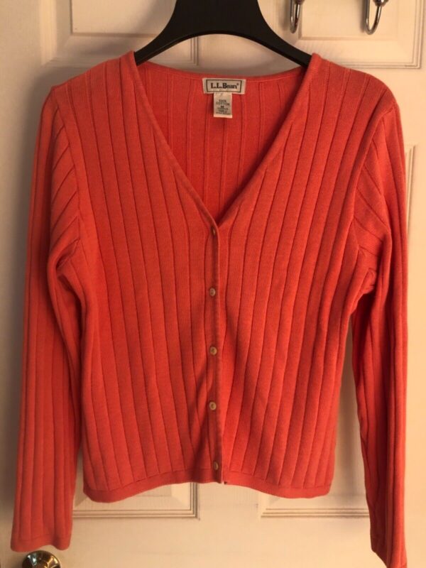 LL BEAN LADIES MEDIUM BUTTON UP LgSLV CORAL KNIT 100% COTTON CARDIGAN Sz M EUC! - Image 3