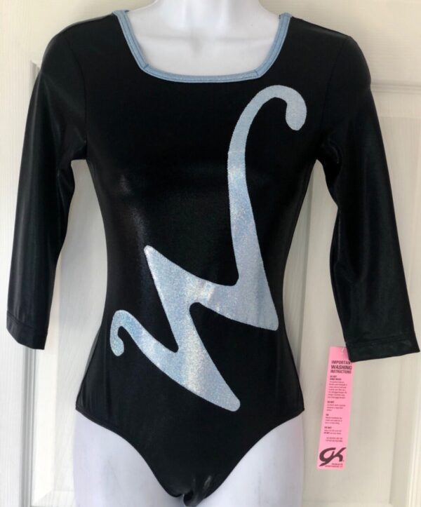 GK BLACK MYSTIQUE ADULT SMALL 3/4 SLV BLUE SPARKLE GYMNASTICS DANCE LEOTARD AS