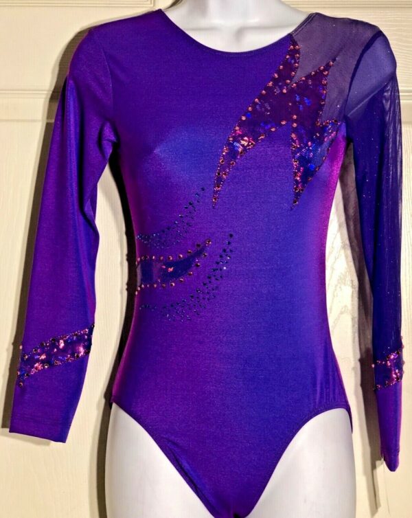 GK ELITE LONG SLEEVE PURPLE FOIL MESH JA GYMNASTICS LEOTARD AS