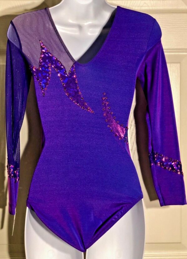 GK ELITE LONG SLEEVE PURPLE FOIL MESH JA GYMNASTICS LEOTARD AS - Image 3