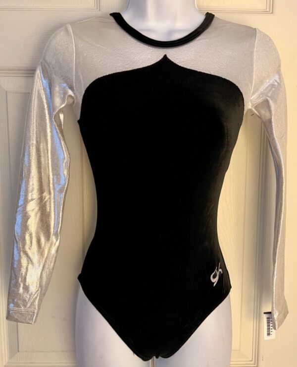 GK LgSLV WHITE MYSTIQUE BLACK VELVET ADULT SMALL GYMNASTICS DANCE LEOTARD Sz AS