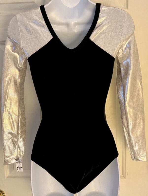 GK LgSLV WHITE MYSTIQUE BLACK VELVET ADULT SMALL GYMNASTICS DANCE LEOTARD Sz AS - Image 6