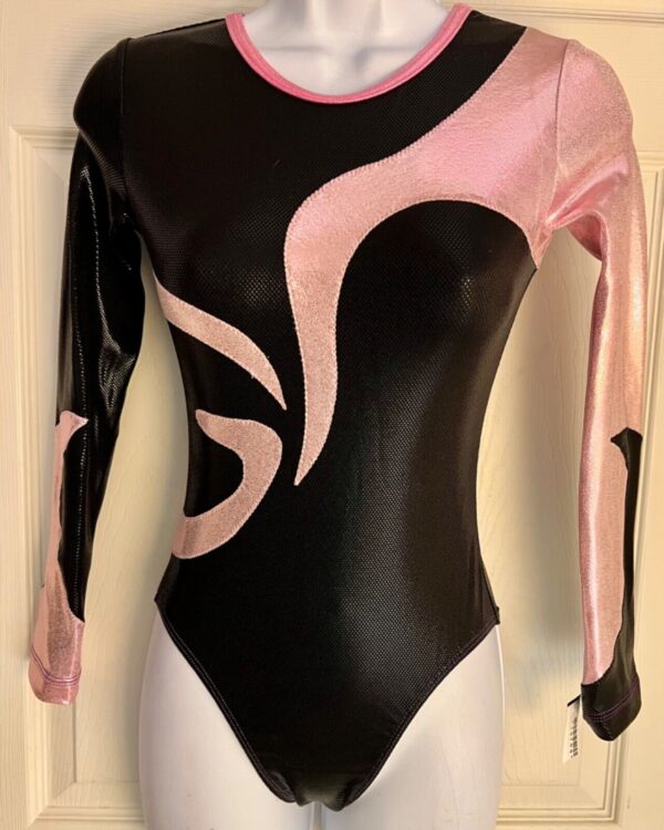 GK LgS BLACK SHIMMER ADULT SMALL PINK FOIL GYMNASTICS DANCE CHEER LEOTARD Sz AS