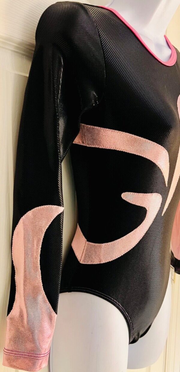 GK LgS BLACK SHIMMER ADULT SMALL PINK FOIL GYMNASTICS DANCE CHEER LEOTARD Sz AS - Image 4