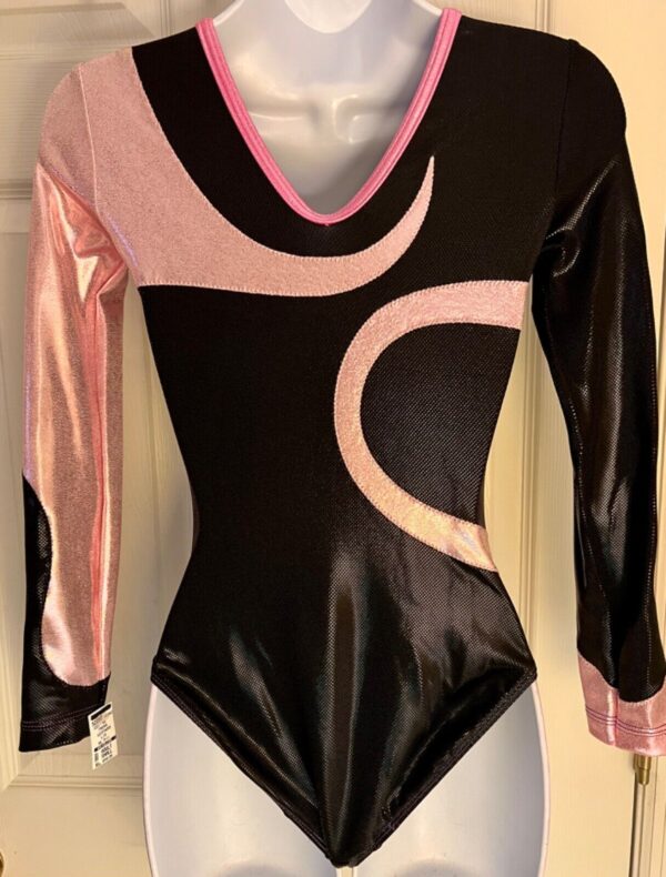 GK LgS BLACK SHIMMER ADULT SMALL PINK FOIL GYMNASTICS DANCE CHEER LEOTARD Sz AS - Image 6