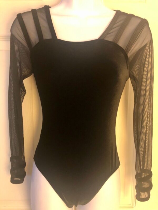 GK ADULT SMALL BLACK VELVET MESH LgSLV SQUARE NECK GYMNAST DANCE LEOTARD Sz AS