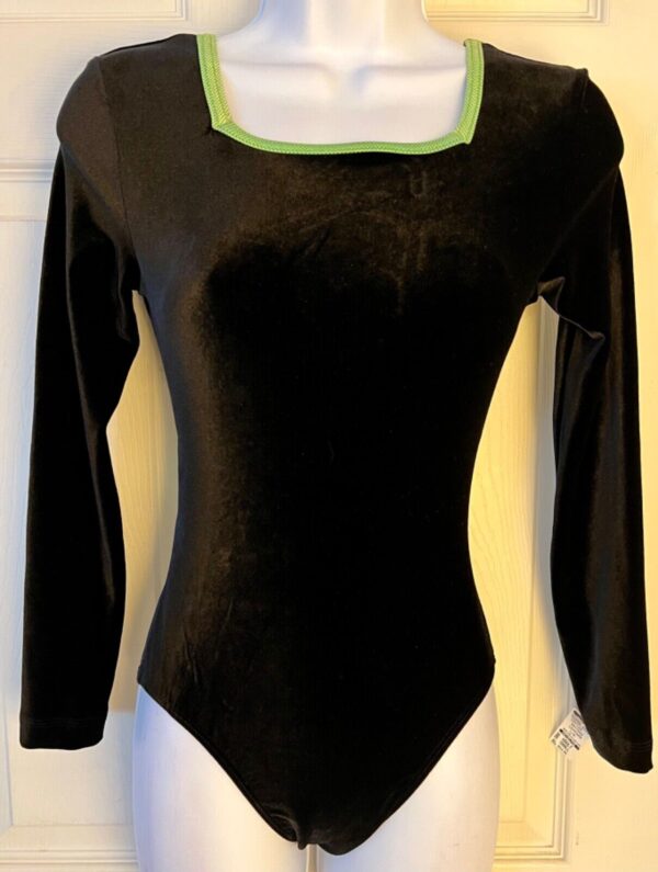 GK BLACK VELVET ADULT SMALL LgSLV GREEN FOIL TRIM GYMNASTICS DANCE LEOTARD Sz AS