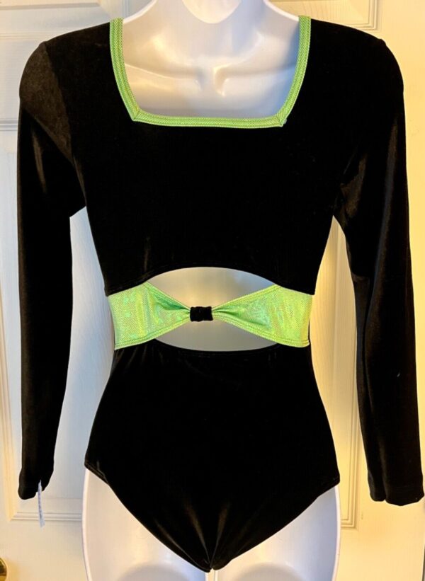 GK BLACK VELVET ADULT SMALL LgSLV GREEN FOIL TRIM GYMNASTICS DANCE LEOTARD Sz AS - Image 5