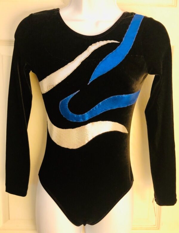 GK LgSLV LADIES SMALL BLACK VELVET BLUE WHITE FOIL GYMNASTIC DANCE LEOTARD Sz AS