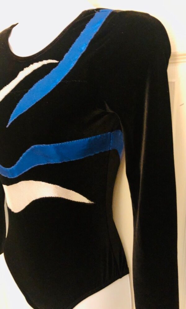 GK LgSLV LADIES SMALL BLACK VELVET BLUE WHITE FOIL GYMNASTIC DANCE LEOTARD Sz AS - Image 3