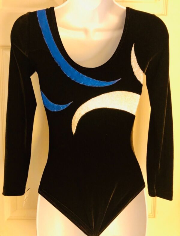 GK LgSLV LADIES SMALL BLACK VELVET BLUE WHITE FOIL GYMNASTIC DANCE LEOTARD Sz AS - Image 4