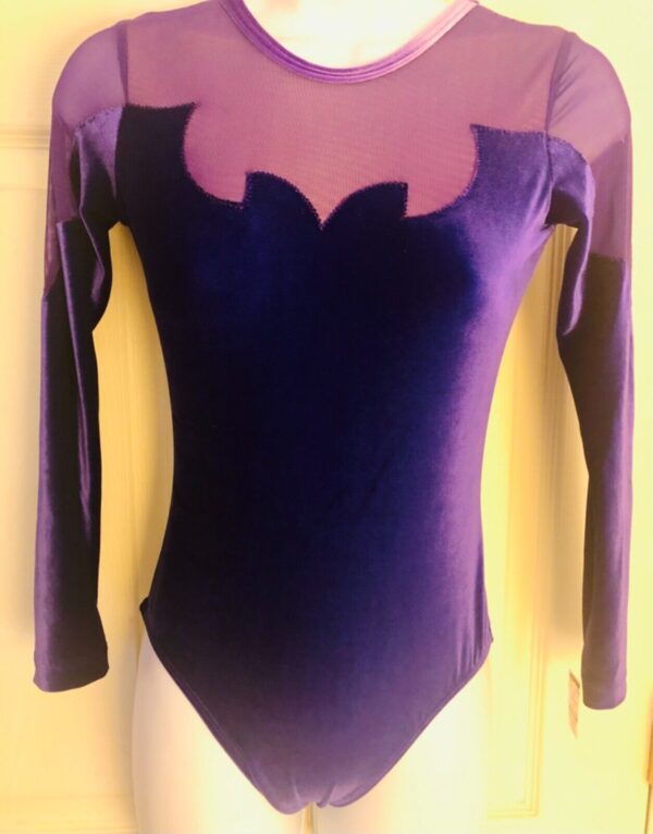 GK ADULT SMALL PURPLE VELVET MESH Lg SLV GYMNASTICS DANCE LEOTARD Sz AS NWT!