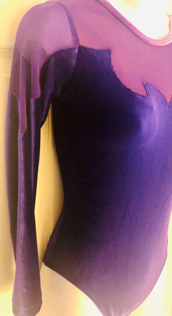 GK ADULT SMALL PURPLE VELVET MESH Lg SLV GYMNASTICS DANCE LEOTARD Sz AS NWT! - Image 3