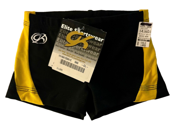 GK CHEER CHILD LARGE MICRO MINI BLACK NYLON YELLOW MESH GYM WORKOUT SHORTS SZ L