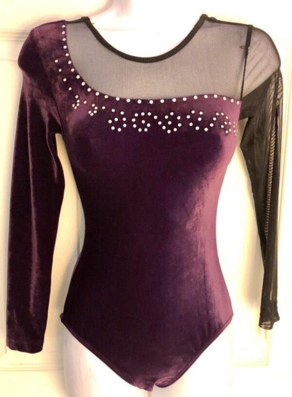 GK LgSLV LADIES SMALL EGGPLANT VELVET BLACK MESH JA GYMNAST DANCE LEOTARD Sz AS