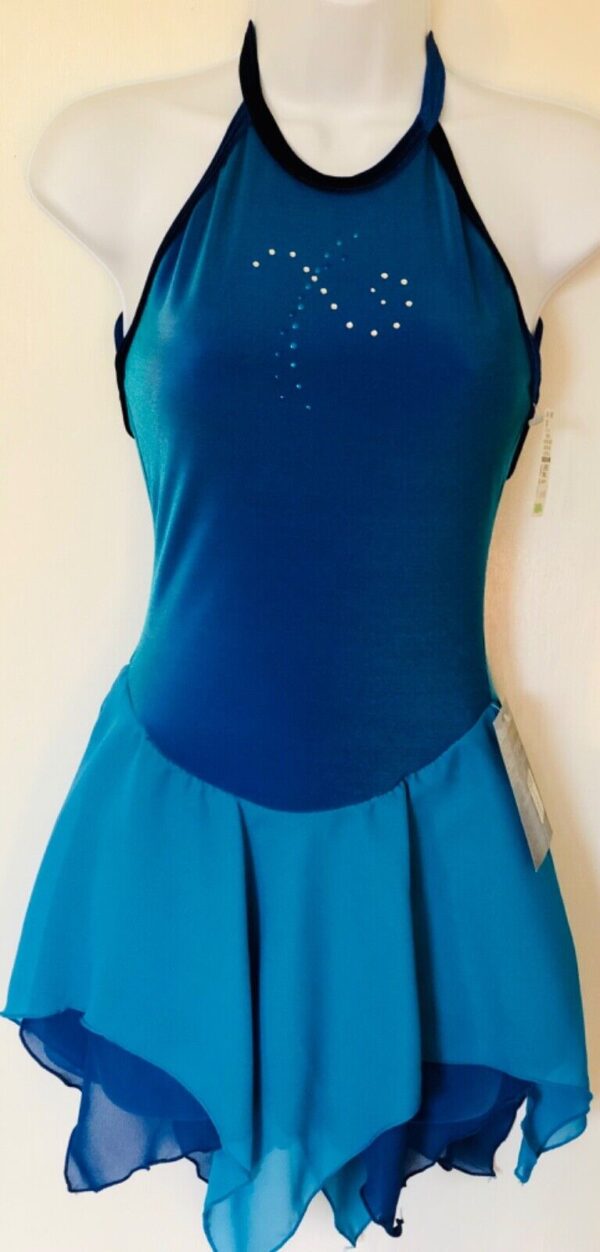 GK ICE SKATE DANCE DRESS ADULT SMALL BLUE IRIDESCENT HALTER VELVET JA AS NWT!