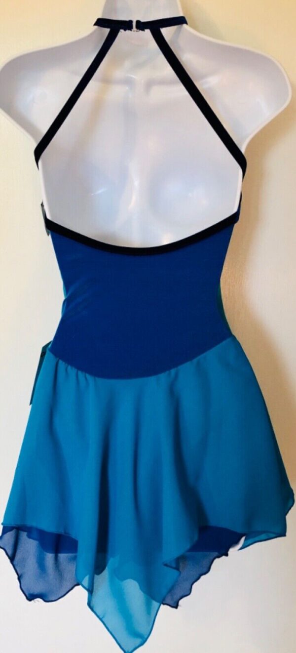 GK ICE SKATE DANCE DRESS ADULT SMALL BLUE IRIDESCENT HALTER VELVET JA AS NWT! - Image 3