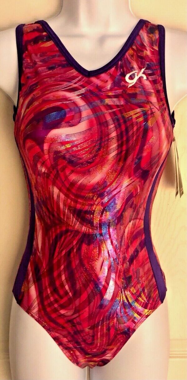 GK BLEEDING HEART LADIES X-SMALL FOIL PRINT PURPLE N/S GYMNASTS TANK LEOTARD AXS