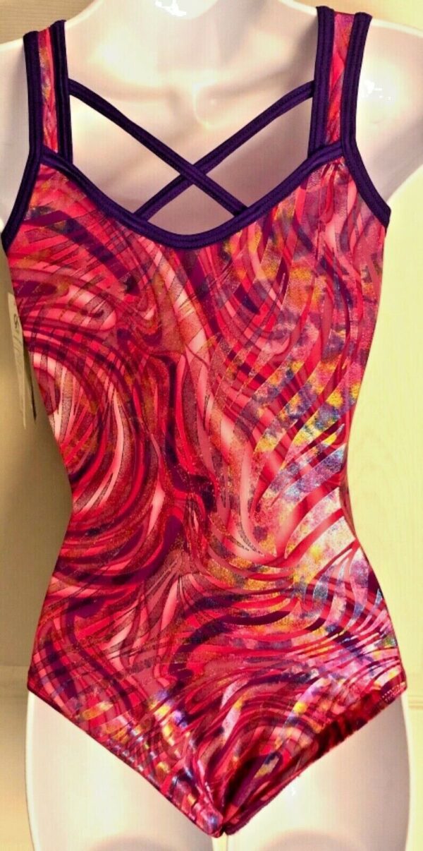 GK BLEEDING HEART LADIES X-SMALL FOIL PRINT PURPLE N/S GYMNASTS TANK LEOTARD AXS - Image 6