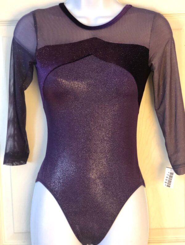 GK 3/4SLV ADULT SMALL PURPLE GLITTER VELVET MESH GYMNASTICS DANCE LEOTARD Sz AS