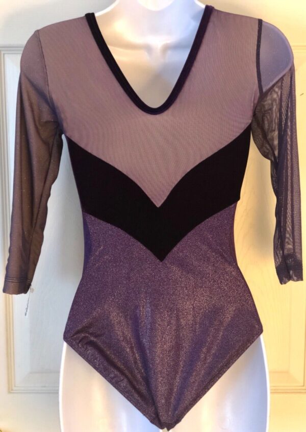 GK 3/4SLV ADULT SMALL PURPLE GLITTER VELVET MESH GYMNASTICS DANCE LEOTARD Sz AS - Image 5