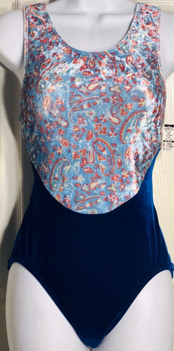 GK ADULT X-LARGE PAISLEY BLUE & NAVY VELVET GYMNASTIC DANCE TANK LEOTARD SZ XL