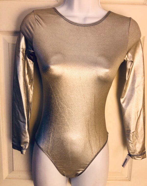 GK LONG SLEEVE LADIES SMALL SILVER METALLIC GYMNASTICS DANCE LEOTARD Sz AS NWT!