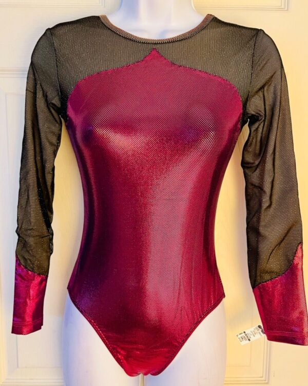 GK LgSLV LADIES SMALL PINK FOIL BLACK GLITTER MESH GYMNASTS DANCE LEOTARD Sz AS