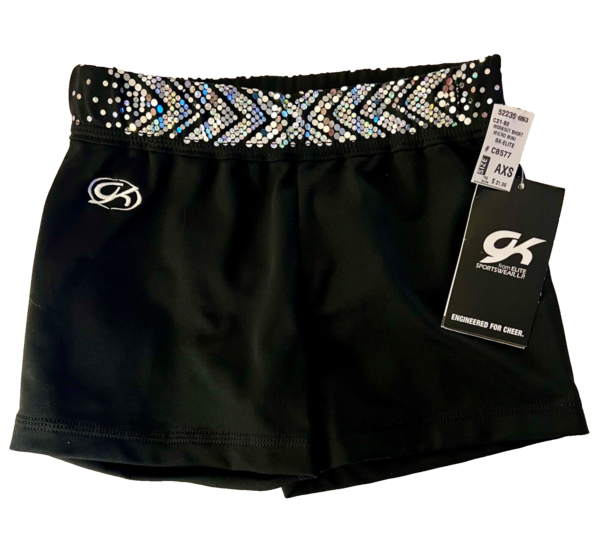 CHEER GK ADULT X-SMALL 2-TONE SILVER SPANGLEZ WAISTBAND BLACK DRYTECH SHORTS XS