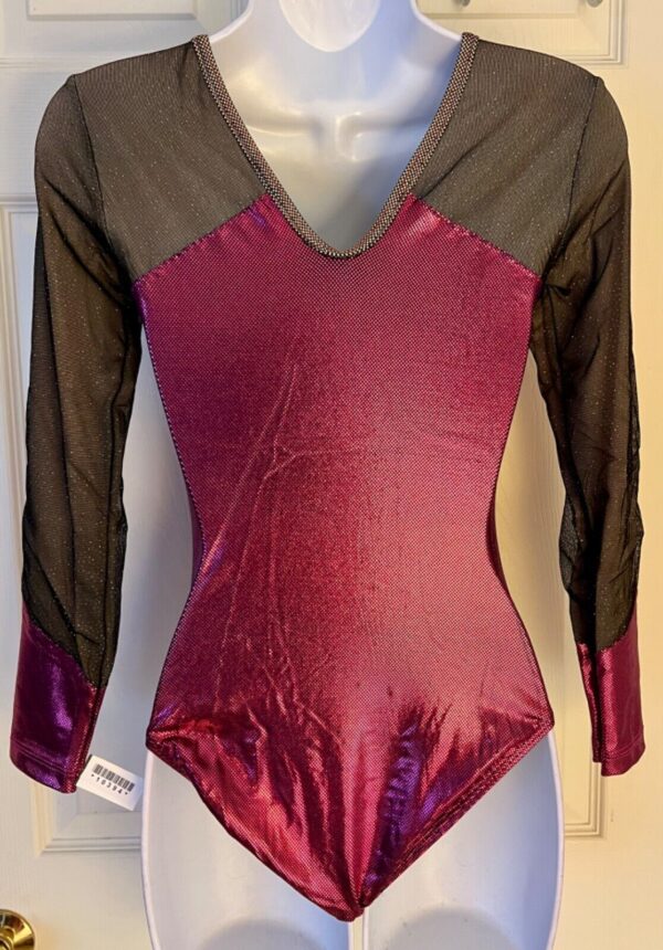 GK LgSLV LADIES SMALL PINK FOIL BLACK GLITTER MESH GYMNASTS DANCE LEOTARD Sz AS - Image 7