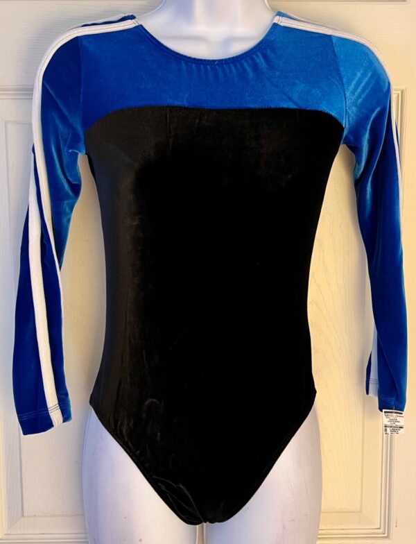 GK LgSLV LADIES SMALL ROYAL & BLACK VELVET WHITE GYMNASTICS DANCE LEOTARD Sz AS